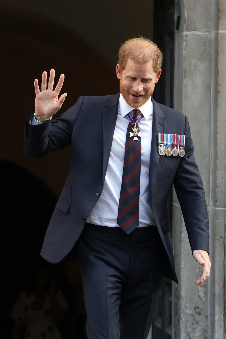 LONDON, ENGLAND - MAY 08: Prince Harry, Duke of Sussex departs The Invictus Games Foundation 10th Anniversary Service at St Paul's Cathedral on May 08, 2024 in London, England.  (Photo by Neil Mockford/GC Images)