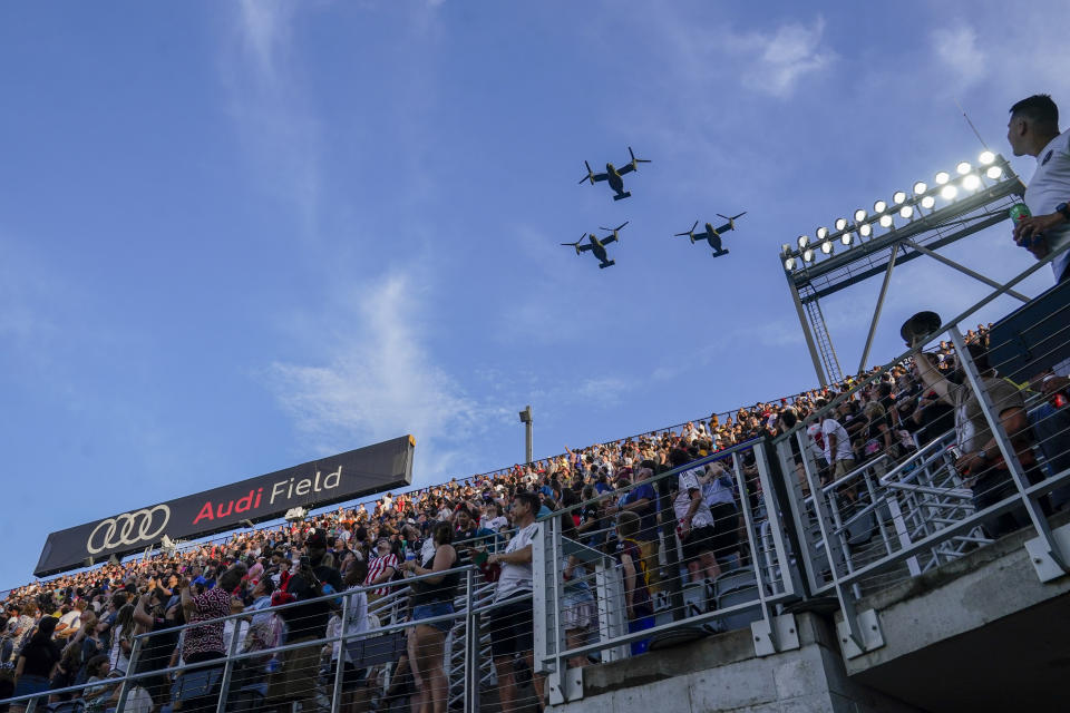 V-22 Ospreys with Marine Helicopter Squadron (HMX) 1, fly over before an MLS soccer match between D.C. United and Inter Miami, Saturday, July 8, 2023, in Washington. (AP Photo/Alex Brandon)