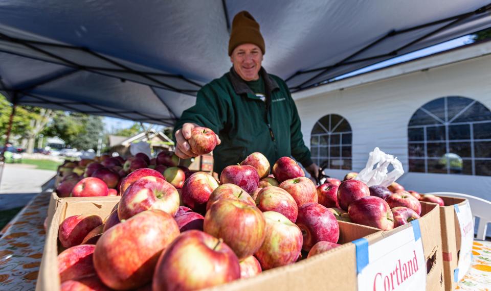 Tad Goedeke of Goedeke Orchard in Howards Grove offers a variety of fresh picked apples during Applefest 2020 at Village Park in Thiensville.
