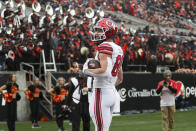 Utah tight end Brant Kuithe (80) looks to the stands after scoring a touchdown against Oregon State during the first half of an NCAA college football game Saturday, Oct. 23, 2021, in Corvallis, Ore. (AP Photo/Amanda Loman)