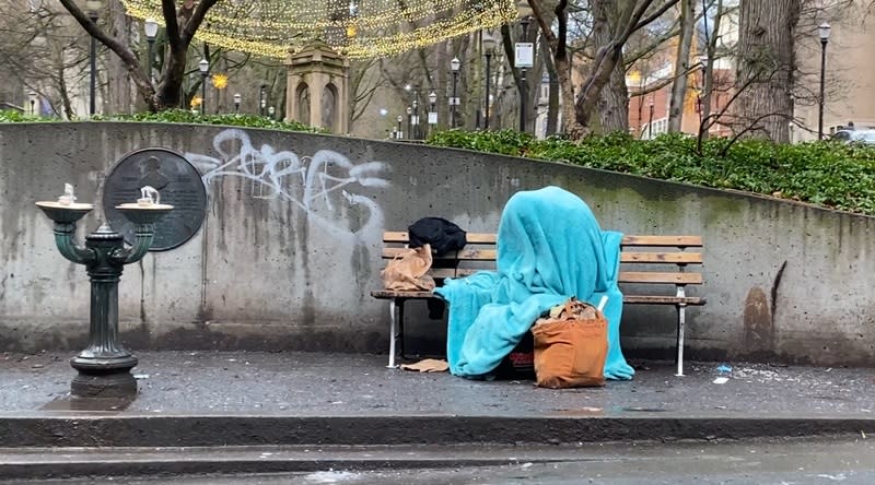 A homeless person in downtown Portland, February 27, 2024 (KOIN)