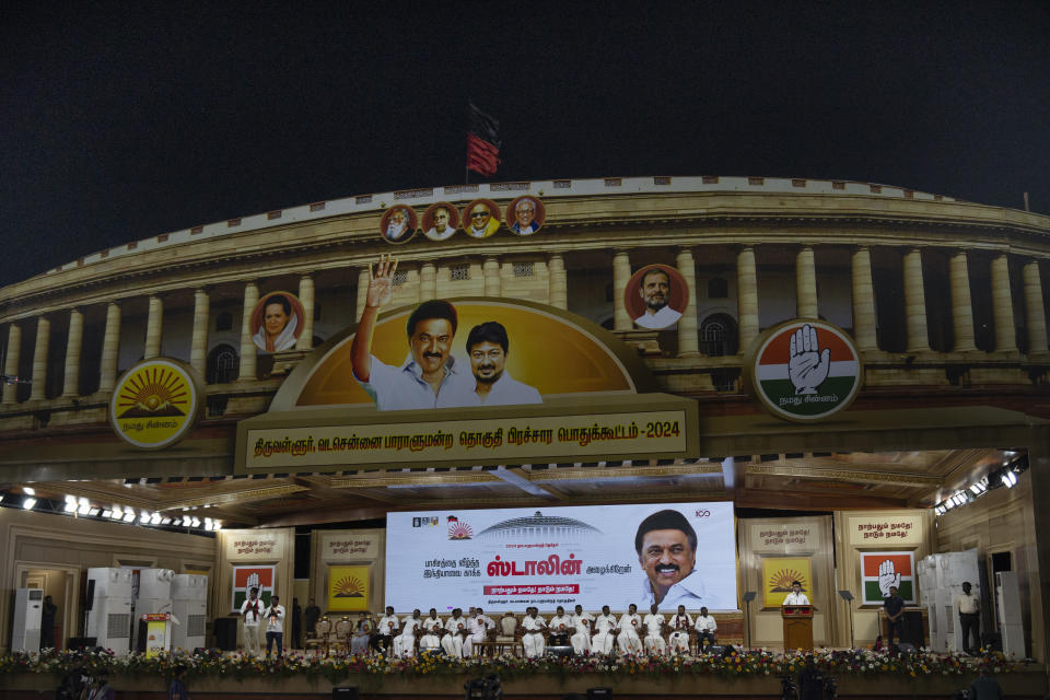 FILE-M. K. Stalin, Dravida Munnetra Kazhagam party leader, speaks on a stage resembling the Indian parliament building during an election campaign rally on the outskirts of the southern Indian city of Chennai, April 15, 2024. (AP Photo/Altaf Qadri,file)