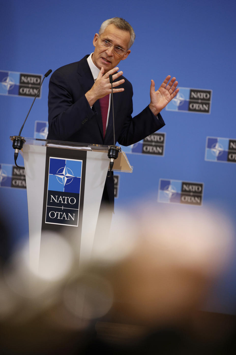 NATO Secretary General Jens Stoltenberg speaks to the press ahead of a meeting of NATO Foreign Affairs Ministers to be held on Nov. 30-Dec.1, at the NATO headquarters, in Brussels, Belgium, Friday, Nov. 26, 2021. (AP Photo/Olivier Matthys)