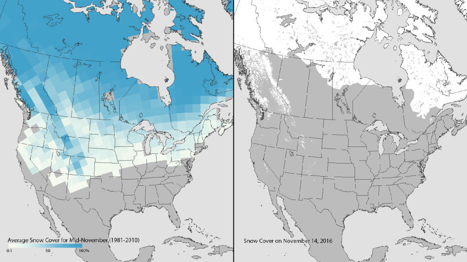 November snow cover in the US, 1981-2010 average vs. 2016