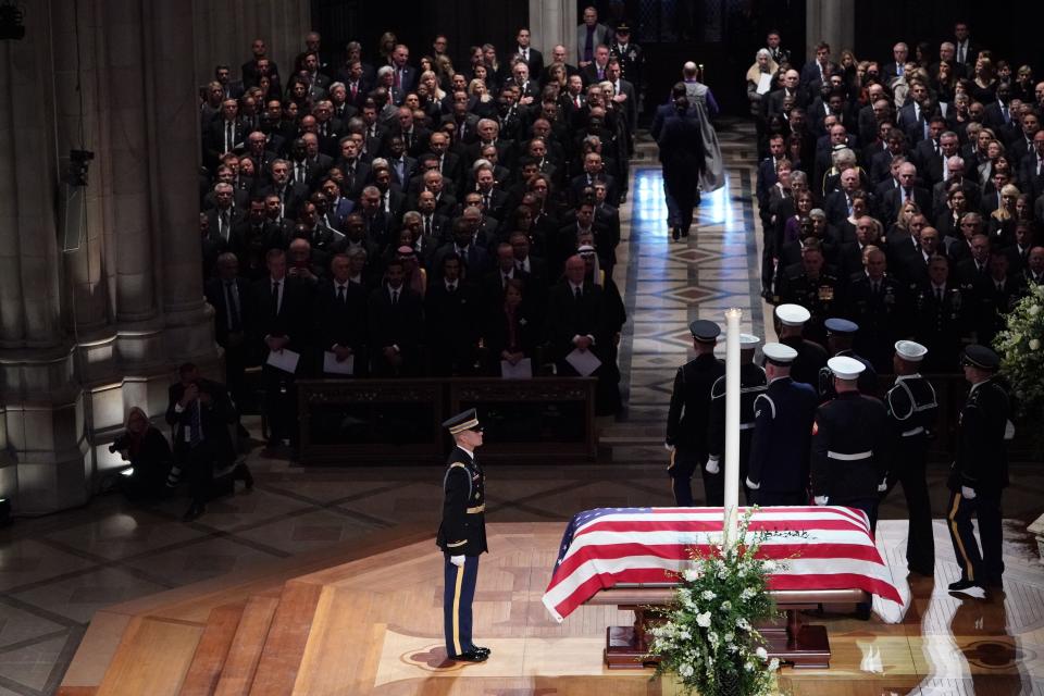 The casket is viewed during the funeral service.