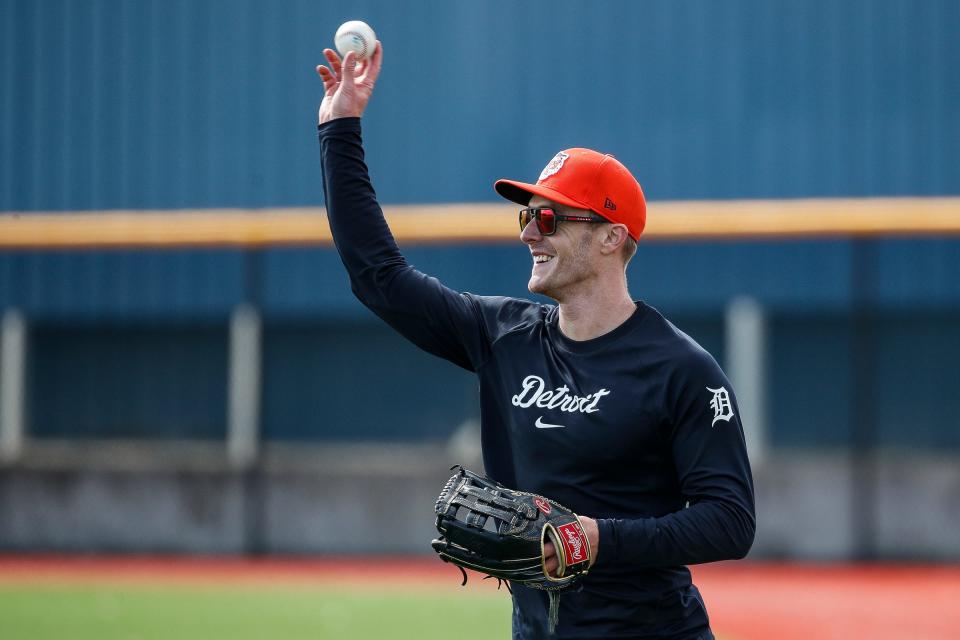 Detroit Tigers outfielder Mark Canha practices during spring training at TigerTown in Lakeland, Fla. on Monday, Feb. 19, 2024.