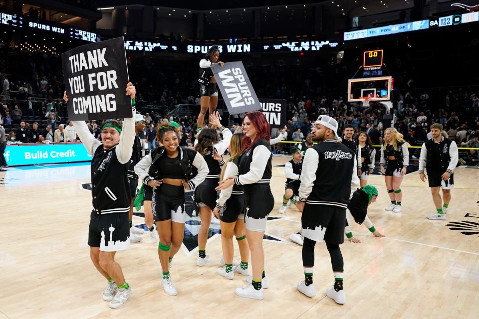 The San Antonio Spurs hype squad celebrates Sunday's 122-115 overtime win over the Brooklyn Nets at Moody Center, the second of two Spurs games played in Austin over the weekend. The Spurs lost to the defending NBA champion Denver Nuggets on Friday.