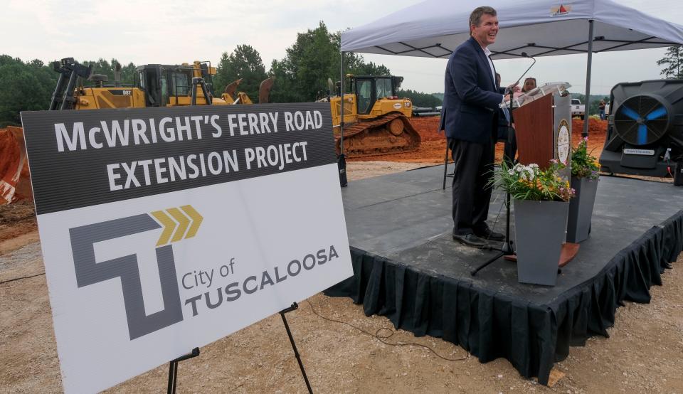 Local governments broke ground on the McWrightÕs Ferry Rd. extension Friday, July 21, 2023. Tuscaloosa Mayor Walt Maddox speaks during the ceremony.