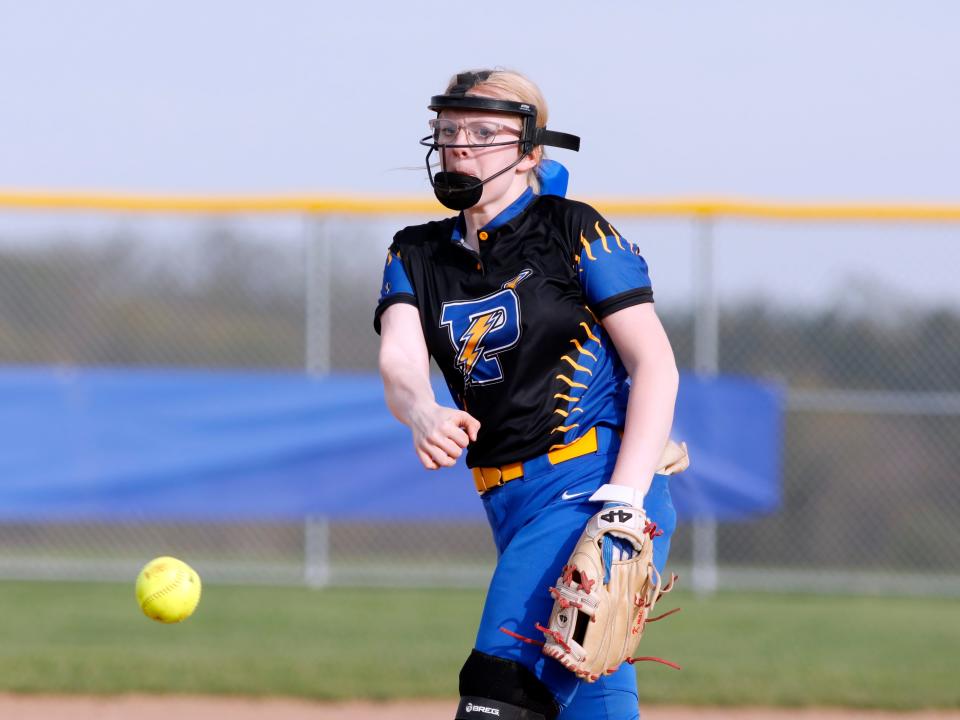 Philo freshman Kyleigh McGraw fires a pitch during a 15-9 win against host West Muskigum on Thursday in Falls Township. McGraw pitched a complete game and had five hits, including a pair of homers.