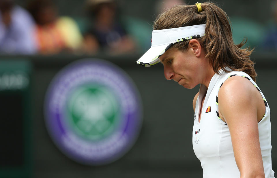 LONDON, ENGLAND - JULY 09: Johanna Konta (GBR) during her match against Barbora Strycova (CZE) in their Ladies' Singles Quarter-Finals match during Day 8 of The Championships - Wimbledon 2019 at All England Lawn Tennis and Croquet Club on July 9, 2019 in London, England. (Photo by Rob Newell - CameraSport via Getty Images)