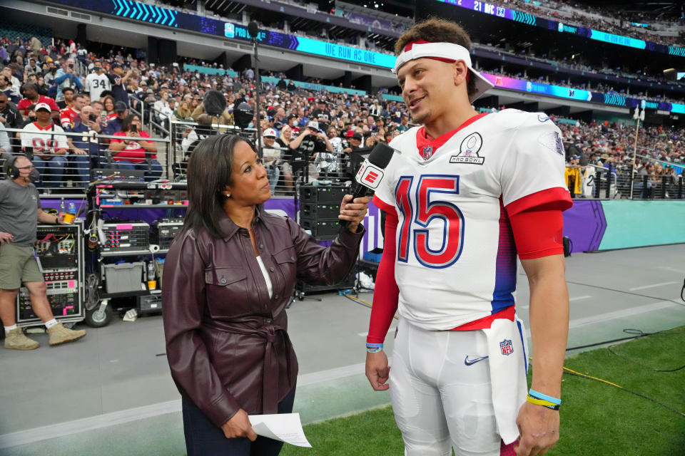 Feb 6, 2022; Paradise, Nevada, USA; AFC quarterback Patrick Mahomes of the Kansas City Chiefs (15) is interviewed by ESPN sideline commentator Lisa Salters on the sidelines during the second quarter during the Pro Bowl football game at Allegiant Stadium. Mandatory Credit: Kirby Lee-USA TODAY Sports