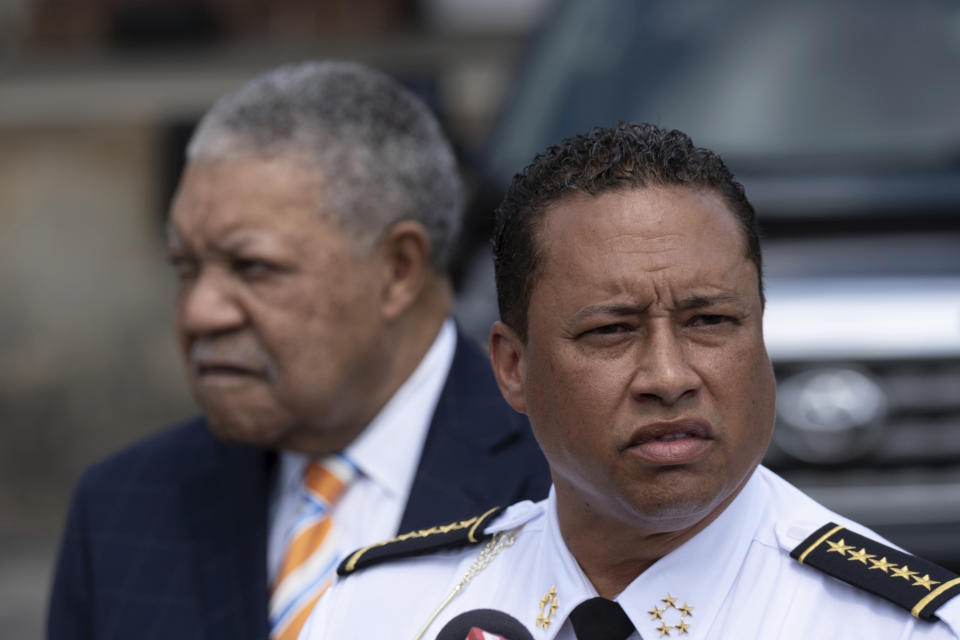 FILE - Fulton County, Ga., Sheriff Patrick Labat, center, speaks to the media, June 1, 2021 in Atlanta. An Alabama man has been indicted on federal charges that he threatened violence against the sheriff and Fulton County, Ga., District Attorney Fani Willis related to an investigation into former President Donald Trump. The indictment was returned Wednesday, Oct. 25, 2023, and unsealed Monday, Oct. 30. (AP Photo/Ben Gray, File)