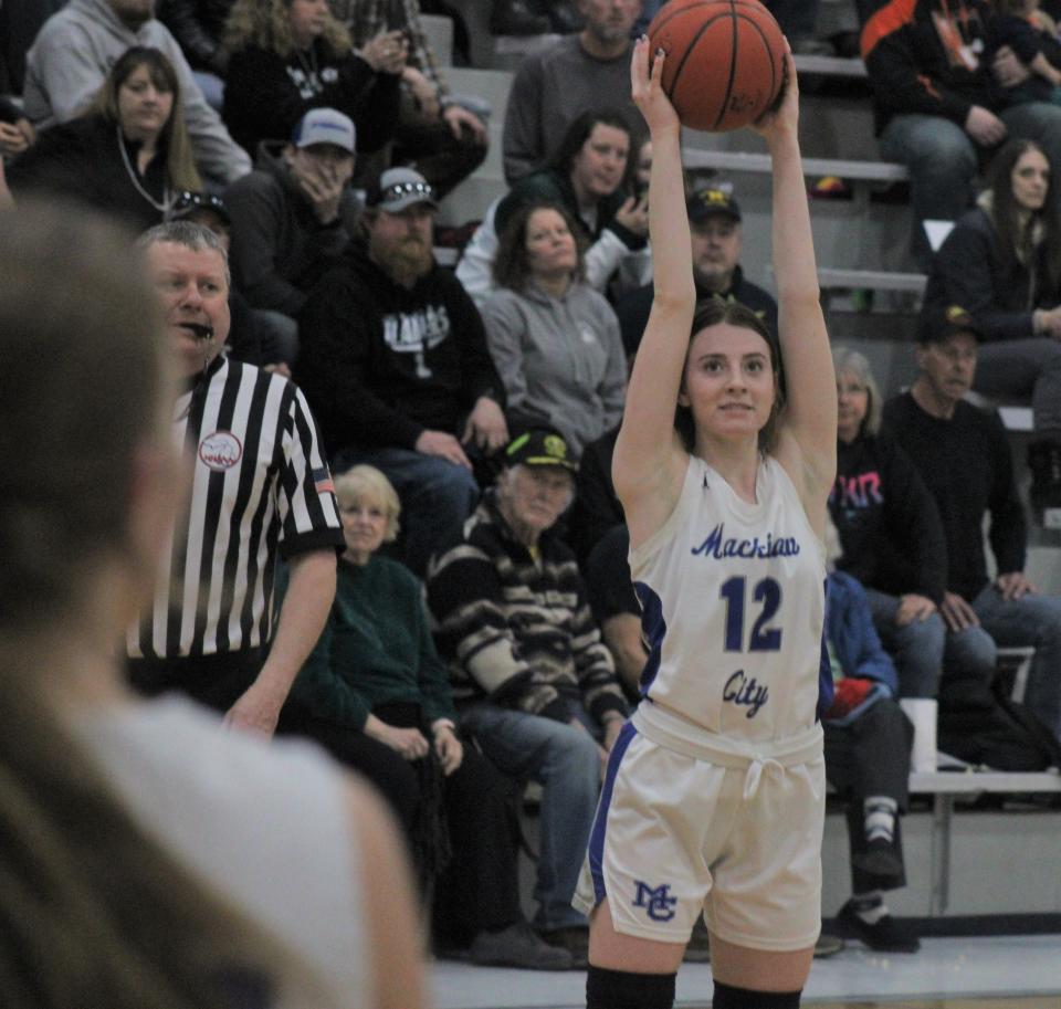 Mackinaw City senior guard Larissa Huffman (12) begins to celebrate during the final seconds of the Lady Comets' district final victory over Cedarville on Friday.