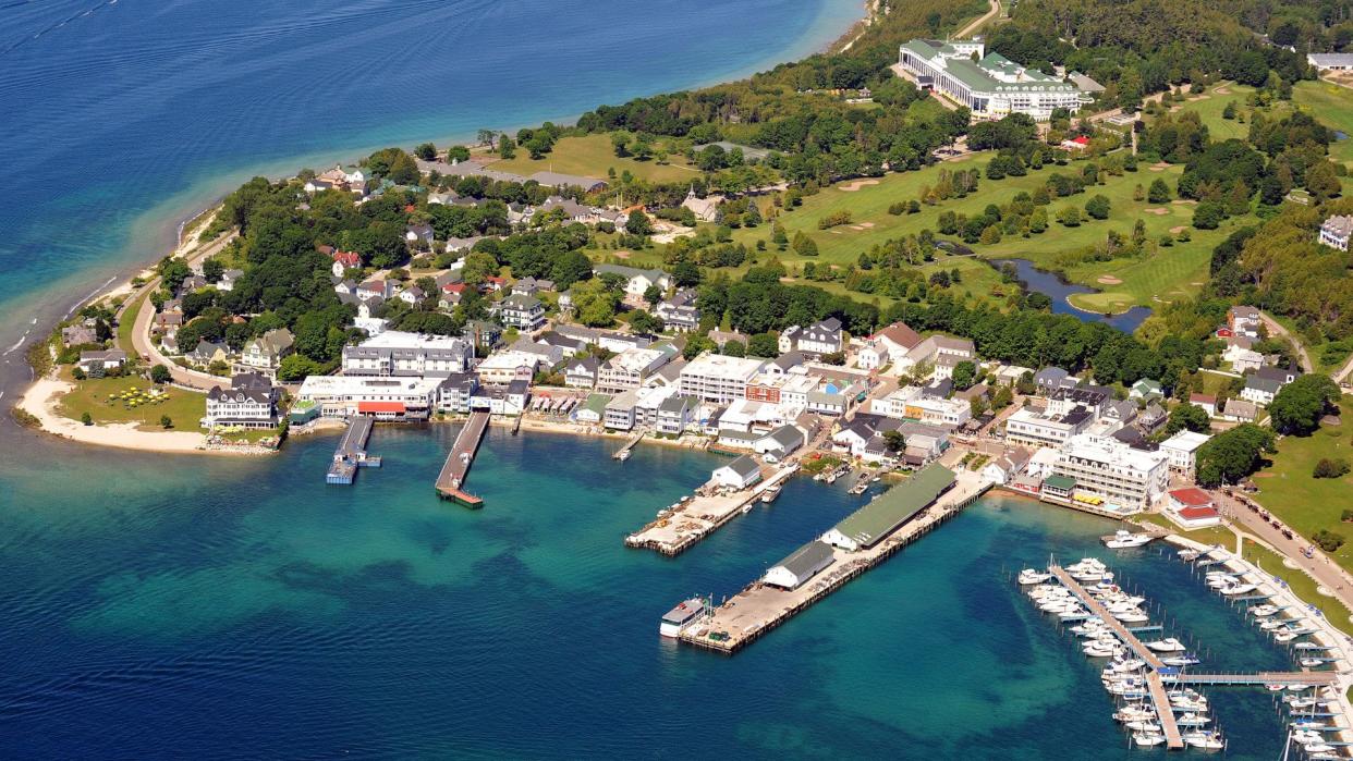 Aerial view of the downtown area of Mackinac Island, Michigan.