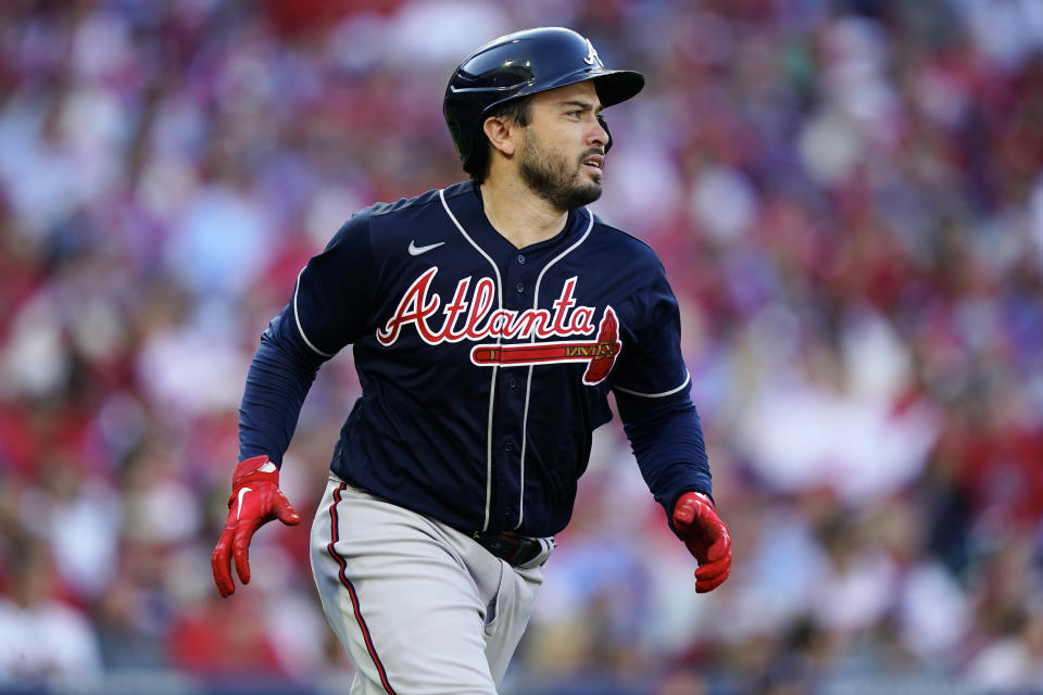 Atlanta Braves Travis d'Arnaud (16) rounds ther bases after a solo homer off Philadelphia Phillies relief pitcher Jose Alvarado during the xx inning in Game 4 of baseball's National League Division Series, Saturday, Oct. 15, 2022, in Philadelphia. (AP Photo/Matt Rourke)