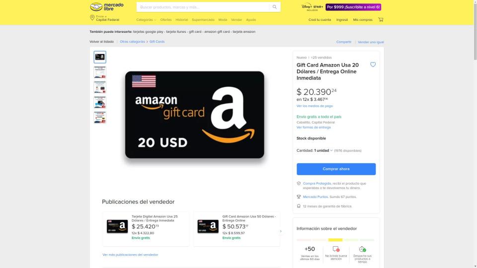El dólar Mercado Libre se consigue a casi $1.000 a través de las giftcards de Amazon (captura del 16.08.2023)