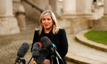 Deputy First Minister of Northern Ireland Michelle O'Neill speaks to the media as she extends her condolences at Belfast City Hall