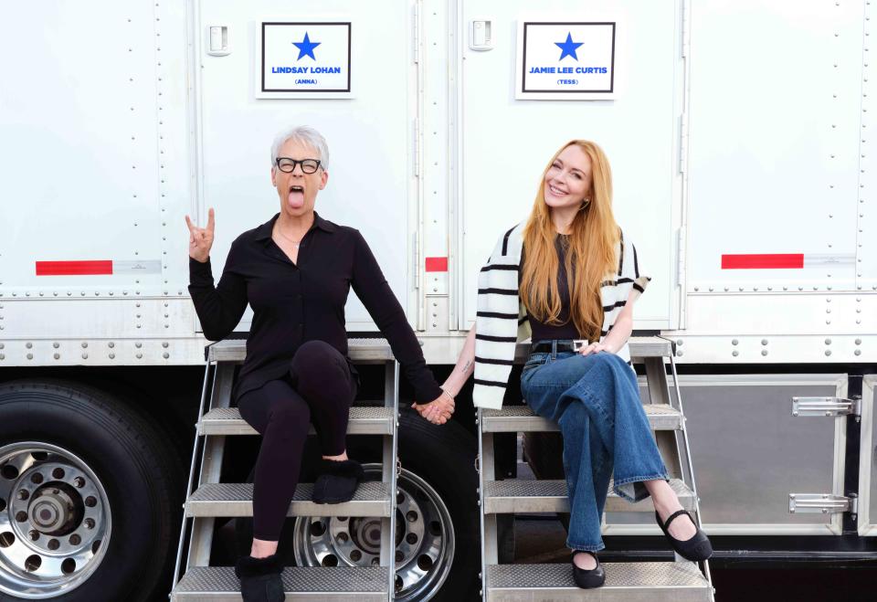 <p> Andrew Eccles/Disney</p> Jamie Lee Curtis and Lindsay Lohan on the set of 