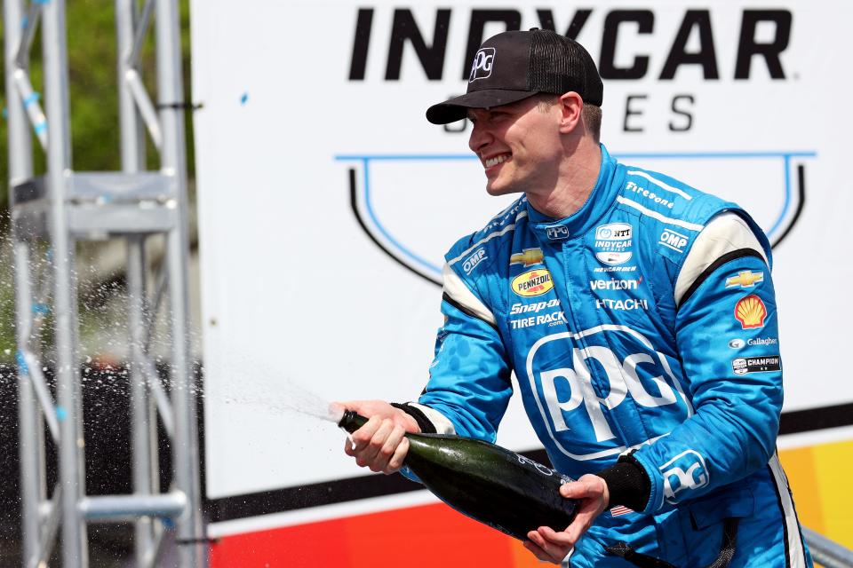 Indycar driver Josef Newgarden celebrates winning the Grand Prix of St. Petersburg on March 10, 2024.