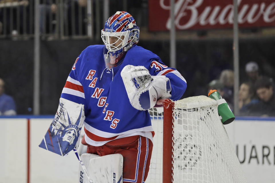 New York Rangers goaltender Henrik Lundqvist reacts after being scored on by the Philadelphia Flyers during the first period of the NHL hockey game, Sunday, March 1, 2020, in New York. (AP Photo/Seth Wenig)