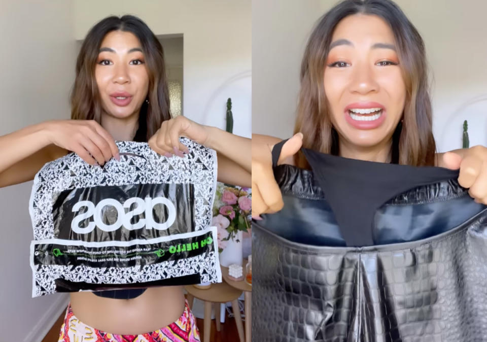 Australian influencer Jessie Khoo holding an ASOS parcel and a pair of black thong back pants