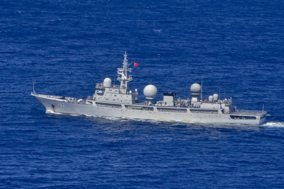 In this image supplied by the Australian Department of Defence, Chinese People's Liberation Army-Navy (PLA-N) Intelligence Collection Vessel Haiwangxing operating off the north-west shelf of Australia, Wednesday, May 11, 2022. Australian Minister of Defence Peter Dutton said Friday, May 13, 2022, that the Chinese warship with spying capabilities had been hugging the western coastline in what amounted to an "aggressive act." (Australian Defence Dept. via AP)