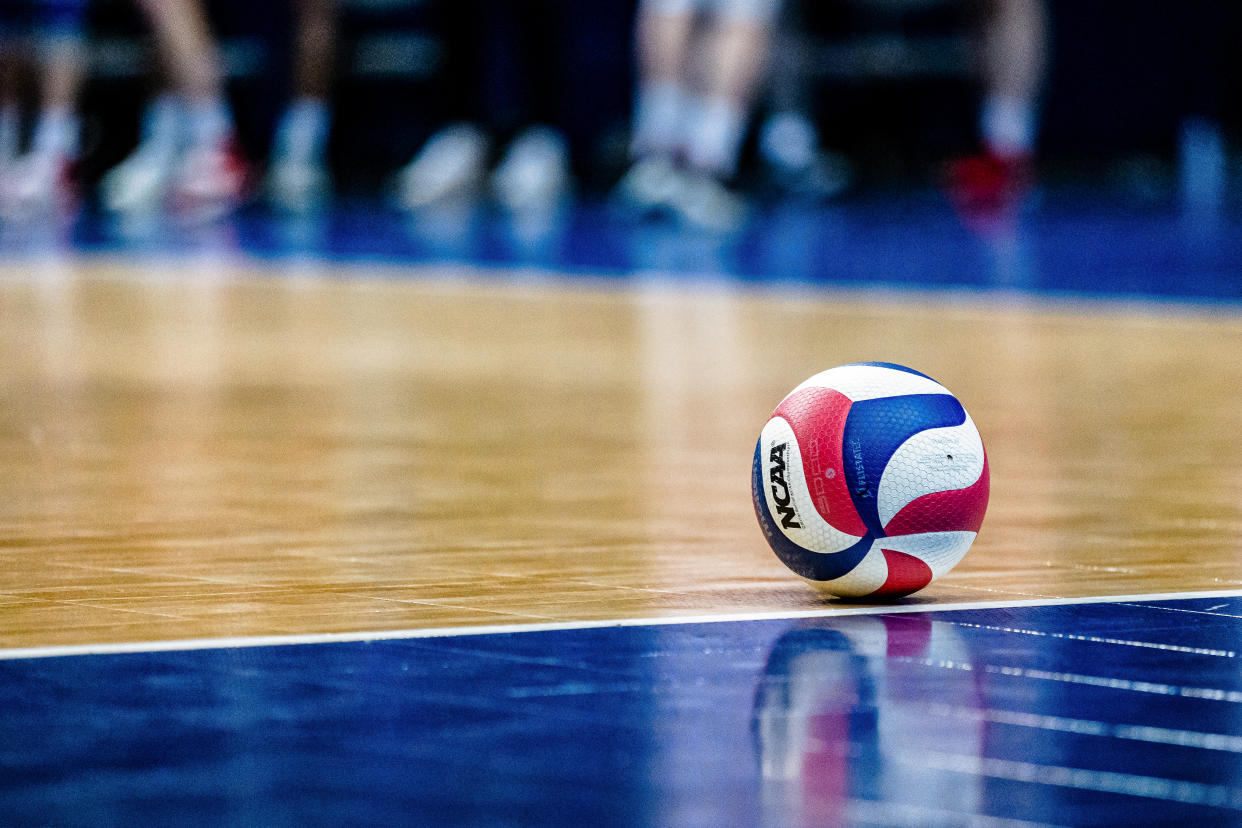 SALEM, VA - APRIL 24: The official game ball sits on the court during a break in the game between Carthage College and Benedictine University during the Division III Men