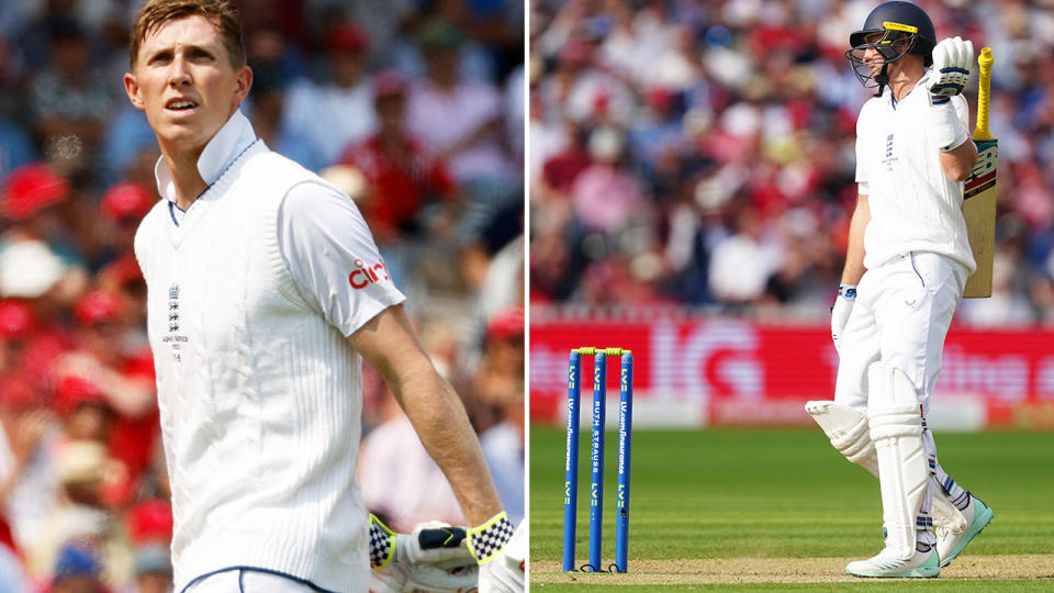 England's Zak Crawley and Joe Root are pictured in the moments after losing their wickets.