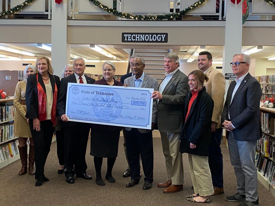 Secretary of State of Tennessee Tre Hargett presents Jackson-Madison County Library with the fifth largest technology grant in the state.