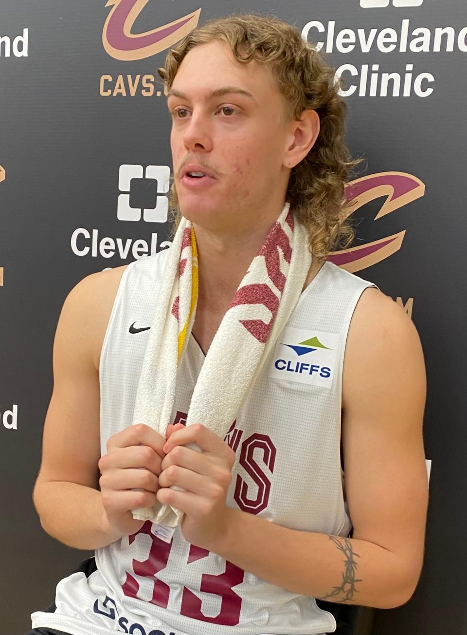 Forward Luke Travers, selected by the Cleveland Cavaliers with the 56th overall pick in the NBA Draft, speaks to the media on Saturday, July 2, 2022 at Cleveland Clinic Courts in Independence, Ohio. Travers played for the Perth Wildcats in Australia last season.