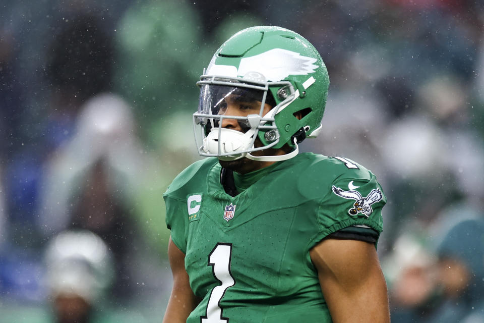 PHILADELPHIA, PENNSYLVANIA – NOVEMBER 26: Jalen Hurts #1 of the Philadelphia Eagles looks on during the first quarter against the Buffalo Bills at Lincoln Financial Field on November 26, 2023 in Philadelphia, Pennsylvania. (Photo by Tim Nwachukwu/Getty Images)