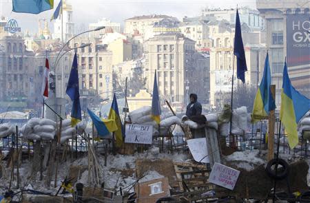 A pro-European integration protester looks out from a barricade on Independence Square in Kiev December 14, 2013. REUTERS/Vasily Fedosenko