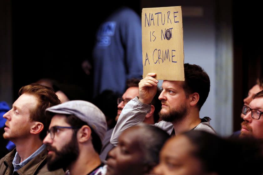 Oakland resident Steve Hull listens in during a public safety committee hearing at City Hall on Tuesday, May 28, 2019, in Oakland, Calif. The City Council public safety committee heard a resolution that would decriminalize plant-based psychedelics, including mushrooms and herbs. (Photo by Santiago Mejia/San Francisco Chronicle via Getty Images)