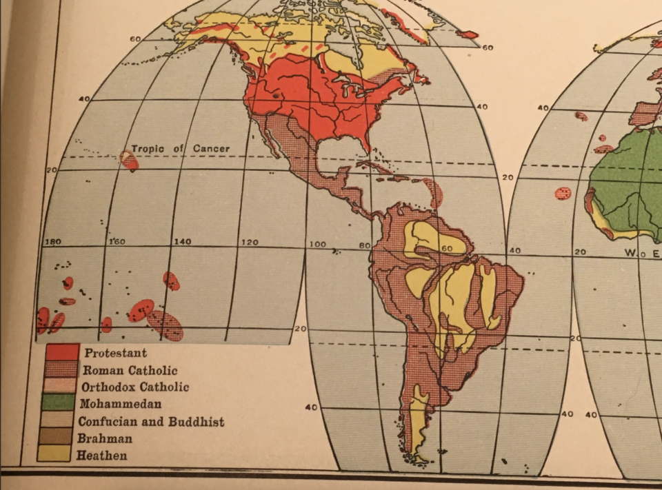 A vintage map showing the predominant religions in the Americas, using various color codes for Protestant, Roman Catholic, Orthodox Catholic, Mohammedan, Confucian and Buddhist, Brahman, and Heathen