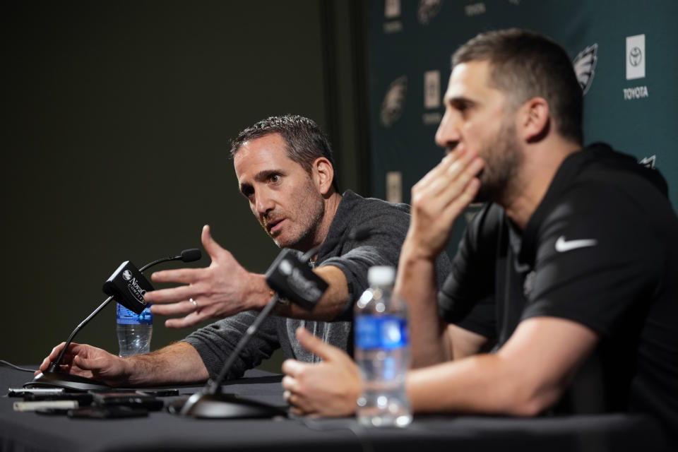 Philadelphia Eagles' Howie Roseman, left, speaks during a news conference with Nick Sirianni at the NFL teams' practice facility, Wednesday, Jan. 24, 2024, in Philadelphia. (AP Photo/Matt Slocum)