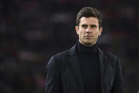 FILE - Bologna's coach Thiago Motta follows the action during a Serie A soccer match between Bologna and Fiorentina, in Bologna's Renato Dall'Ara stadium, Italy, Wednesday, Feb. 14, 2024. Bologna, Stuttgart and Girona are most strongly favored to be in the 36-team Champions League lineup when the lucrative format starts in September. (Michele Nucci/LaPresse via AP, File)