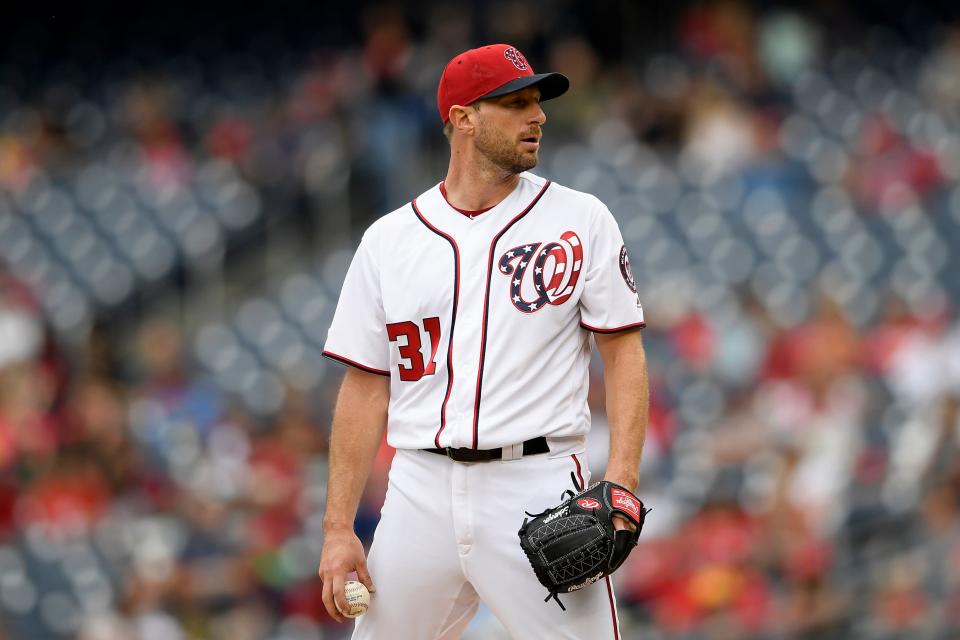 Washington Nationals starting pitcher Max Scherzer (31) stands on the mound during a baseball game against the Pittsburgh Pirates, Sunday, April 14, 2019, in Washington. (AP Photo/Nick Wass)