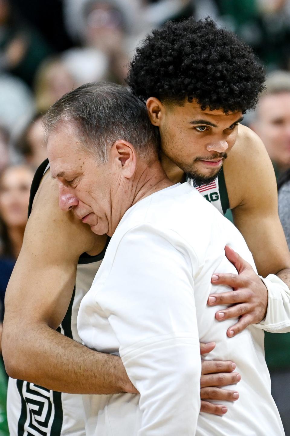 Tom Izzo hugs Malik Hall on senior day last month at Breslin Center, before Hall officially decided to return for a fifth year.