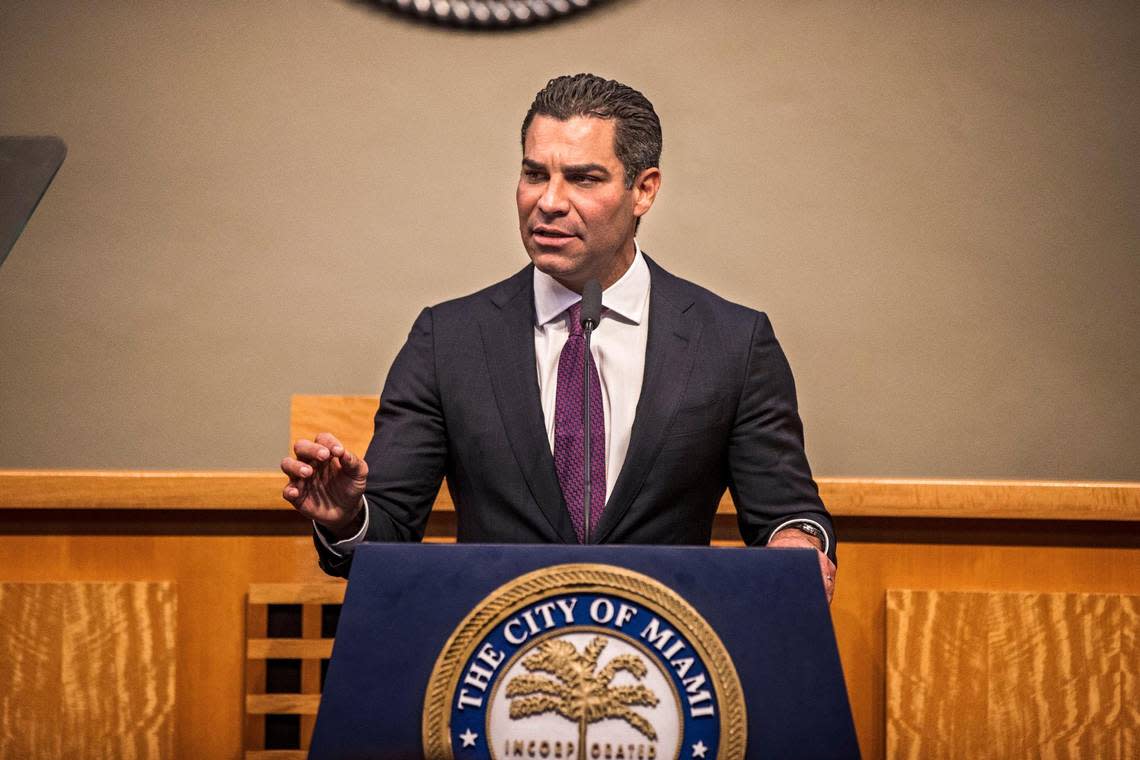 City of Miami Mayor Francis Suarez delivers his State of the City address at Miami City Hall on Friday, Jan. 27, 2023.
