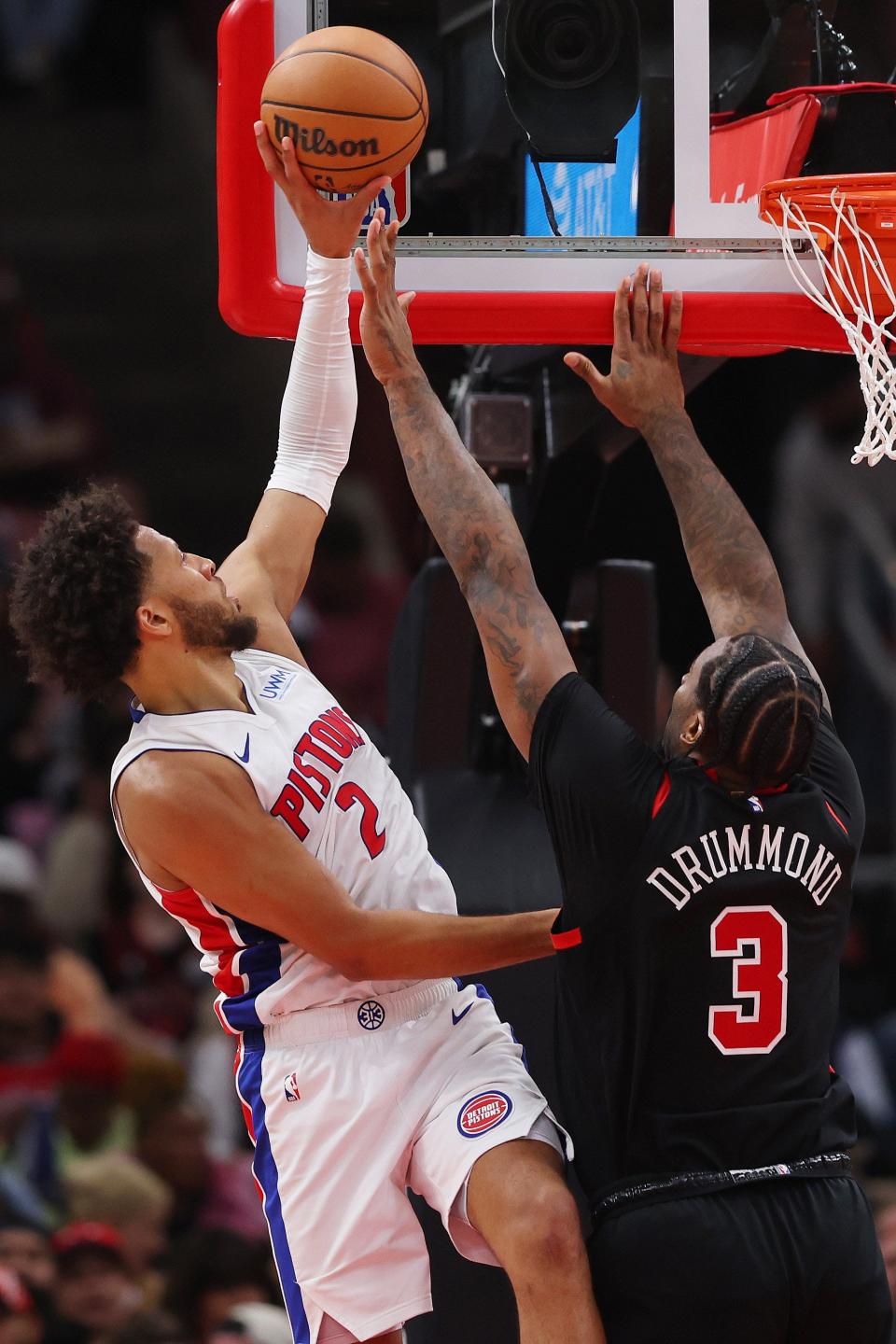 Pistons guard Cade Cunningham goes up for a layup against Bulls center Andre Drummond during the first half on Tuesday, Feb. 27, 2024, in Chicago.