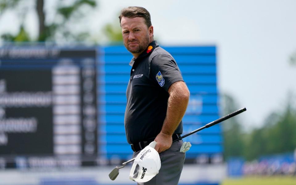 Graeme McDowell, of Northern Ireland, reacts after missing a putt on the 18th green during the second round of the PGA Zurich Classic golf tournament, Friday, April 22, 2022, at TPC Louisiana in Avondale - AP