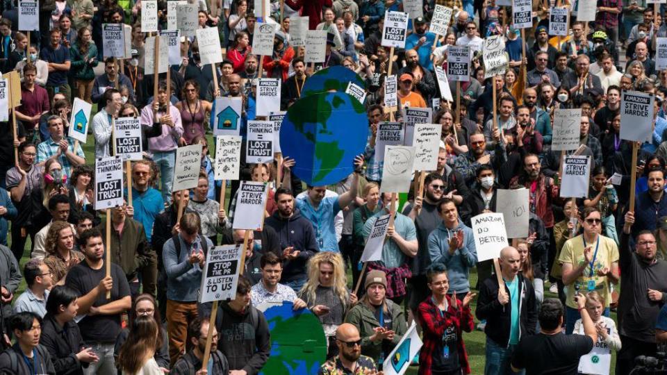 Amazon workers gather for a rally during a walkout event at the company's headquarters on May 31, 2023 in Seattle, Washington.