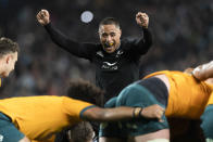 New Zealand's Aaron Smith reacts during the Bledisloe Cup rugby test match between the All Blacks and the Wallabies at Eden Park in Auckland, New Zealand, Saturday, Sept. 24, 2022. (Brett Phibbs/Photosport via AP)