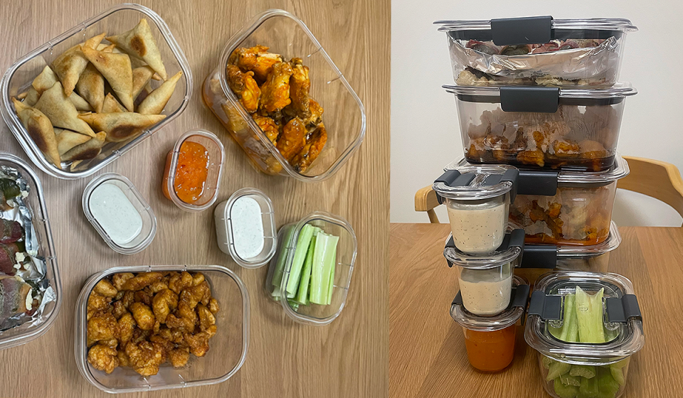 Rubbermaid Brilliance food storage containers filled with snacks, shown open (left) and with lids, stacked (right).