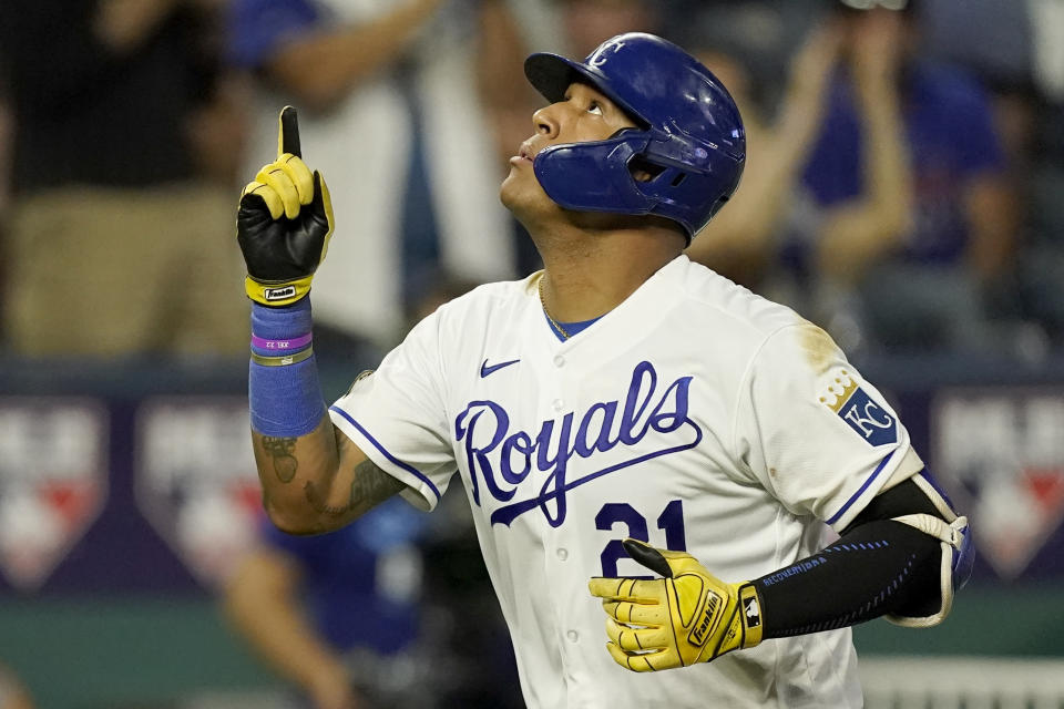 Kansas City Royals' Salvador Perez celebrates after hitting a solo home run during the fifth inning of a baseball game against the Oakland Athletics Wednesday, Sept. 15, 2021, in Kansas City, Mo. (AP Photo/Charlie Riedel)