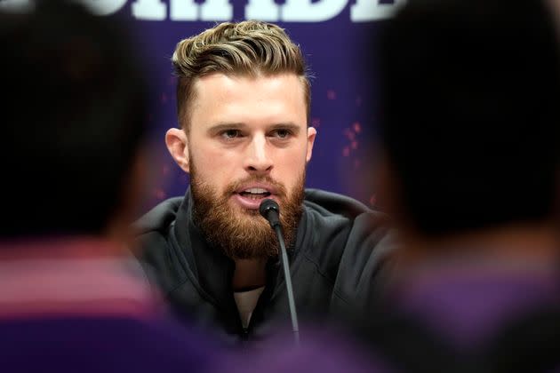 Kansas City Chiefs kicker Harrison Butker speaks on Feb. 5 to the media during Super Bowl Week in Las Vegas.