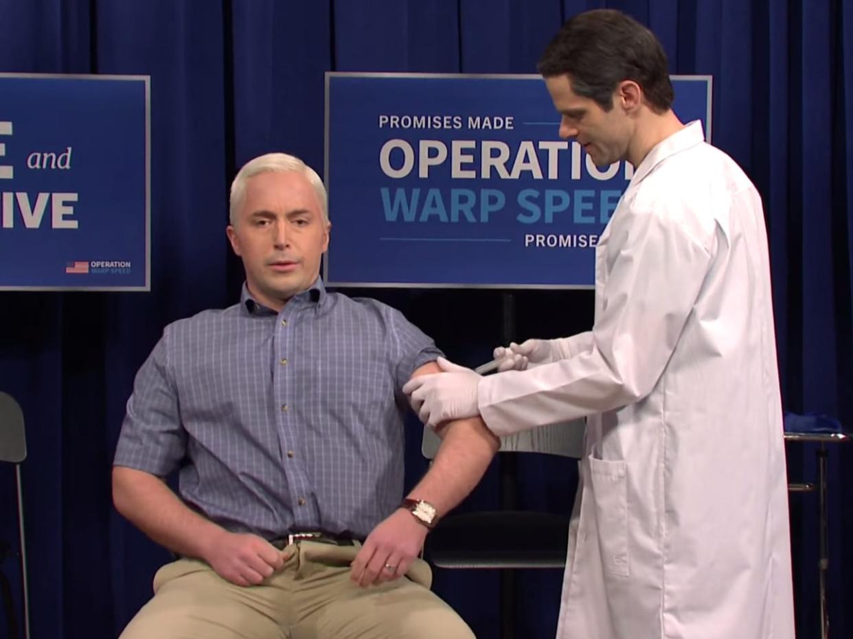 Beck Bennett playing US vice president Mike Pence and Mikey Day playing the doctor who administered him with the coronavirus vaccine ((NBC))