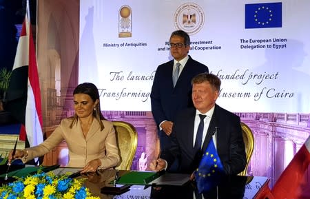 Ivan Surkos, Head of Eurpean Union Delegation to Egypt, and Sahar Nasr, Egypt's Minister of Investment and International Cooperation, sign an agreement for a European grant to renovate the Egyptian Museum in Cairo