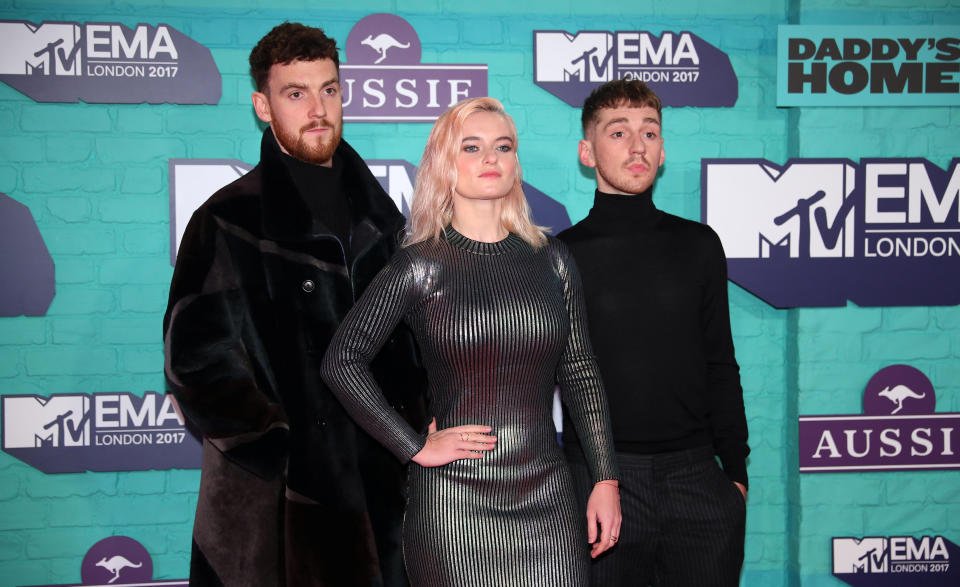 British group Clean Bandit arrive at the 2017 MTV Europe Music Awards at Wembley Arena in London.