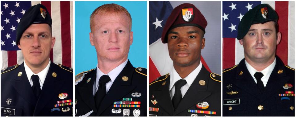 These images provided by the U.S. Army show, from left, Staff Sgt. Bryan C. Black, 35, of Puyallup, Wash.; Staff Sgt. Jeremiah W. Johnson, 39, of Springboro, Ohio; Sgt. La David Johnson, 25, of Miami Gardens, Fla.; and Staff Sgt. Dustin M. Wright, 29, of Lyons, Ga. All four were killed in Niger in 2017, when a joint patrol of American and Niger forces was ambushed by militants believed linked to the Islamic State group. (U.S. Army via AP)